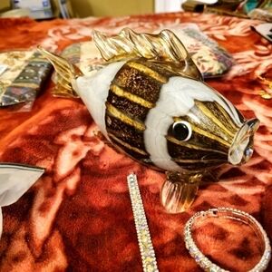 XL Murano Vintage 10" Long Glass Fish W/Curved Tale - Brown and White